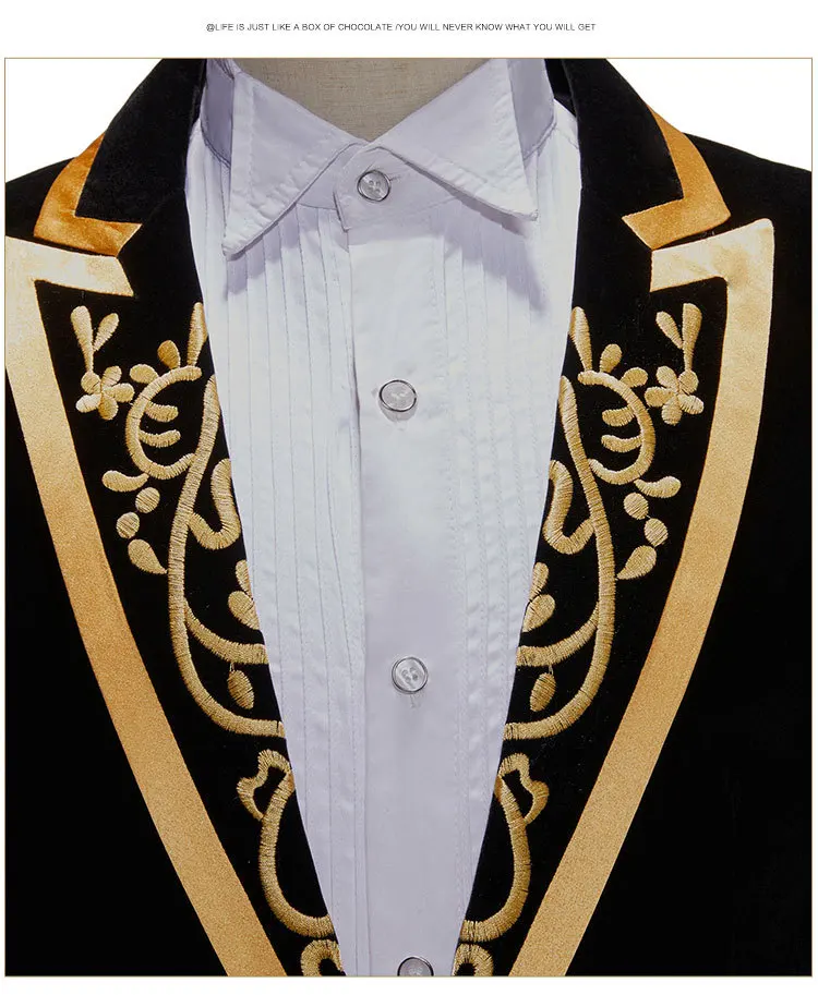 سترات رسمية مطرزة باللون الأسود المخملي للرجال بقصة ضيقة وزر واحد سترة للمغني المضيف والمرحلة الراقصة زي سهرة #5