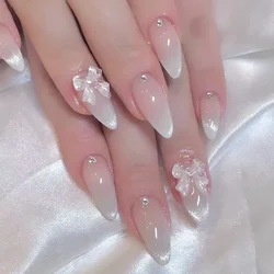 24Pcs Cat Eye Press on Nails with Almond Head Bow Diamond Stick on False Nail Sweet Pink French Full Cover Artificial Nails Tips