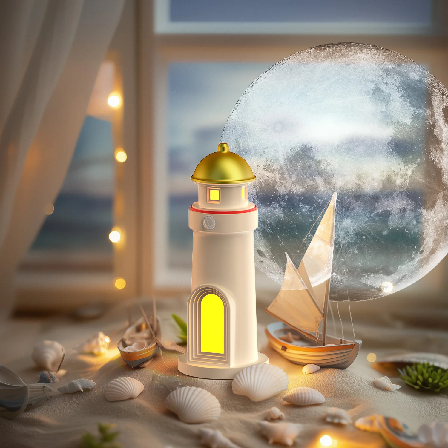 Moon Lighthouse Projector Dimmable LED Novelty Lamp with Motion Sensor USB Charging Ambient Lamp for Bedroom Decor Birthday Gift