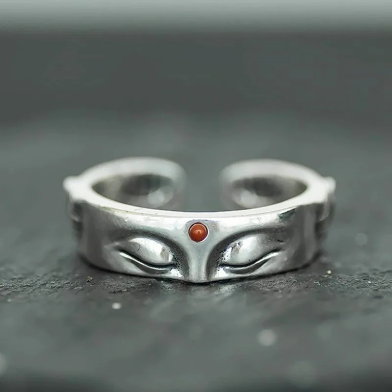 New Chinese Style Buddha Sakyamuni Ring, Mixed Antiqued & Shiny Surface, Unisex Retro Adjustable Finger Band