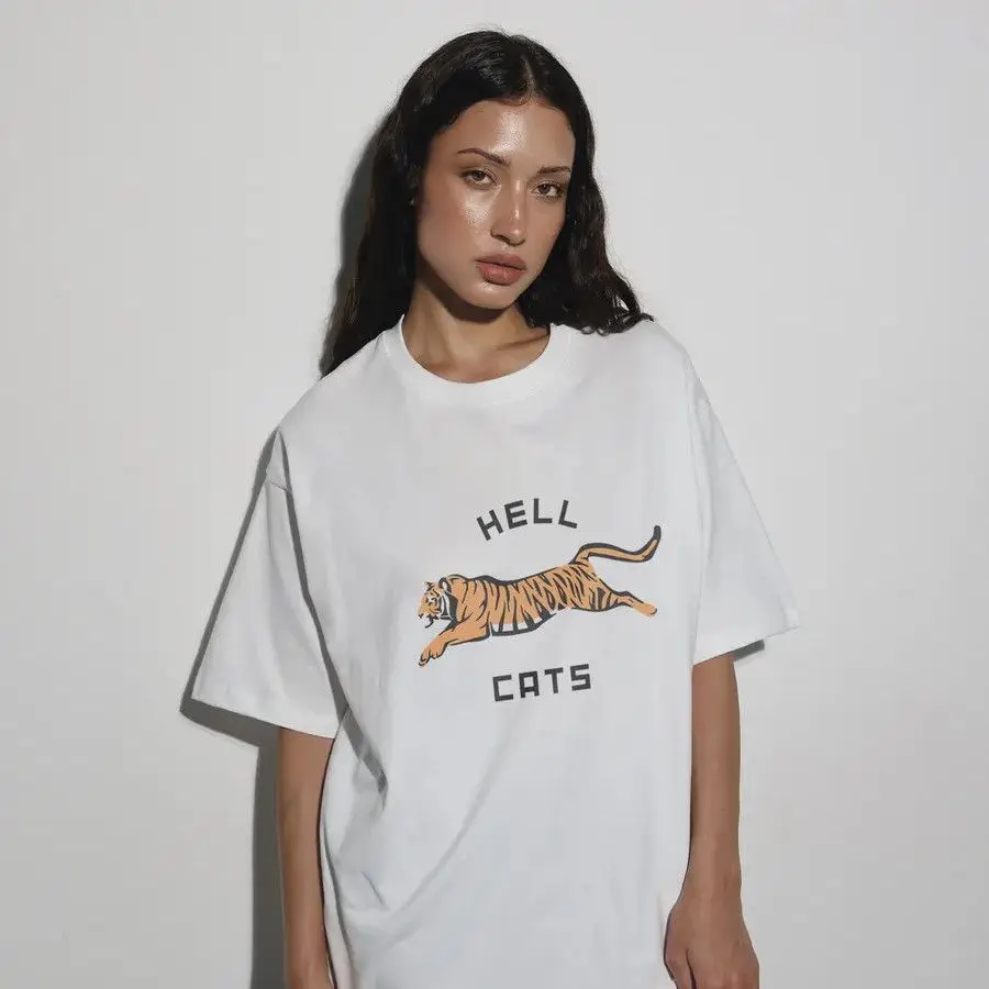 American Vintage Jumping Tiger Print T-Shirt Animal Graphic White Oversized Tee Streetwear Pure Cotton White Shirts for Women