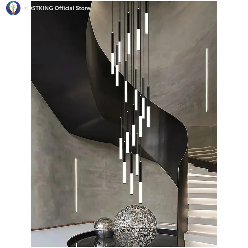 2026 New LED Long Chandelier Modern Golden/Black Round Tube Pendant Lights Duplex Stair Living Room Kitchen Ceiling Pendant Lamp