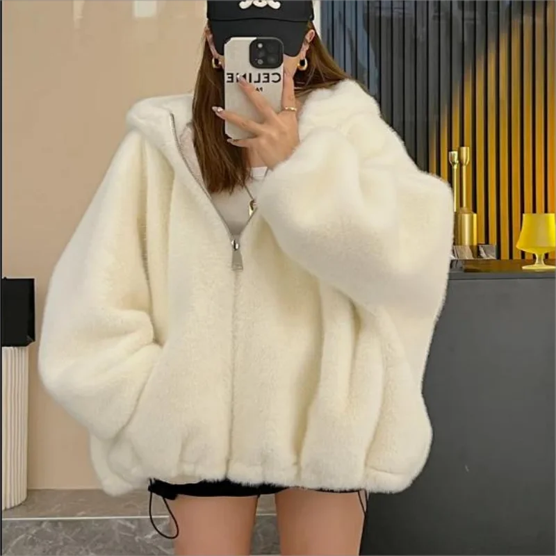 New Women's Hooded Jacket Autumn Winter Zipper Warm Plush Outerwear Women Harajuku Loose Thicken Coat Female