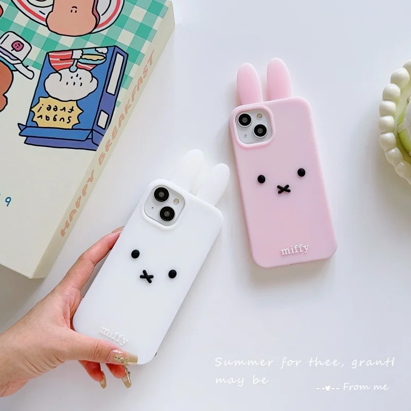 Luxury Cute Pink White Miffy silicone soft phone Case For iPhone 11 12 13 14 15 16 17Pro Max Funny Cartoon long ear Miffy Cover﻿