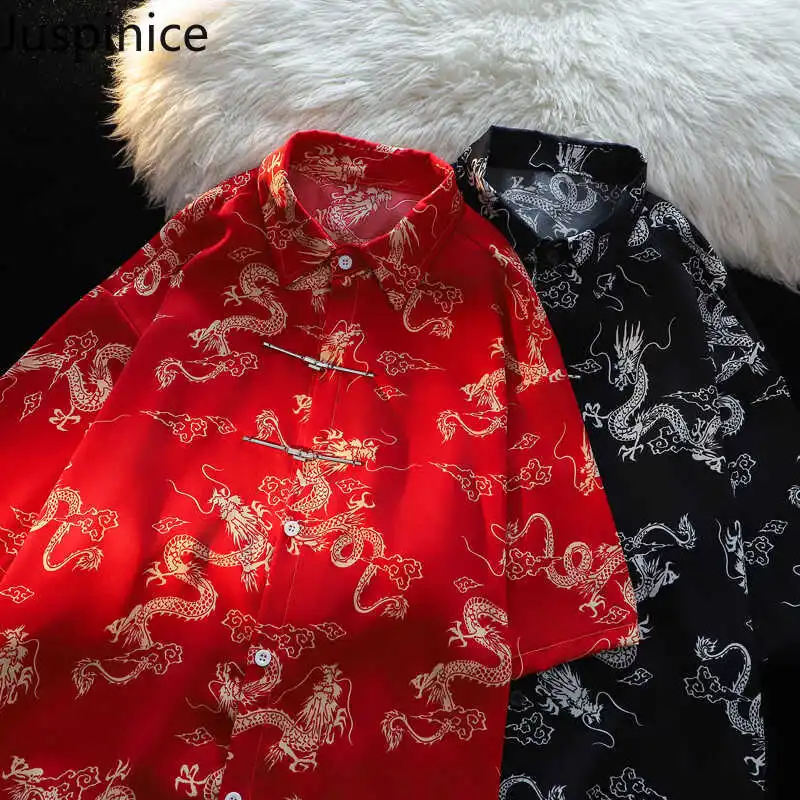 

Summer New Chinese Style Metal Button Short Sleeve Shirt Men's Tang Suit Loose Casual High Street Personalized Tops Male Clothes