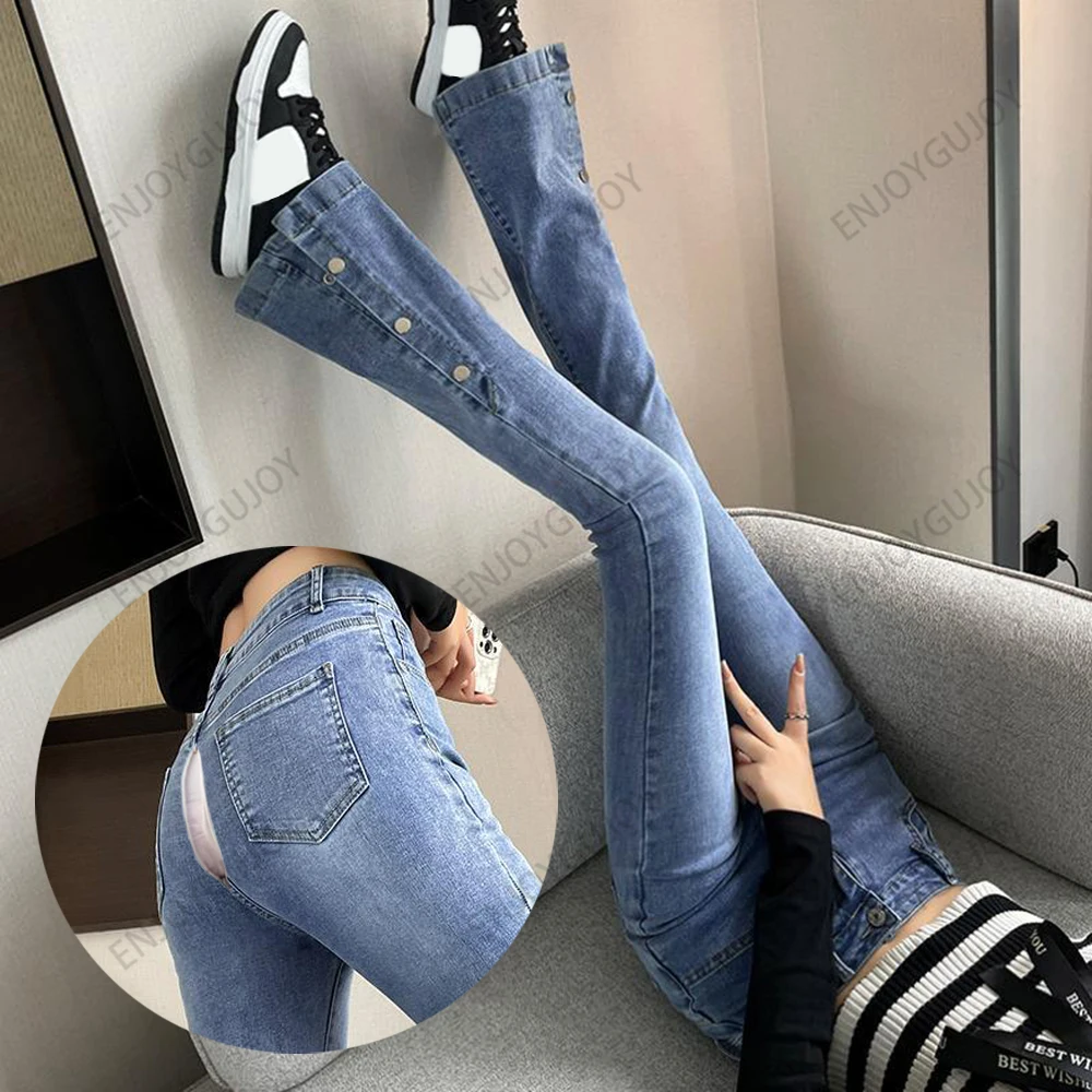 Retro Blue High Waist Split Jeans, Invisible Open Crotch, Micro Flare Pants, Mopping the Floor, Outdoor Sex, Ms, Mopping