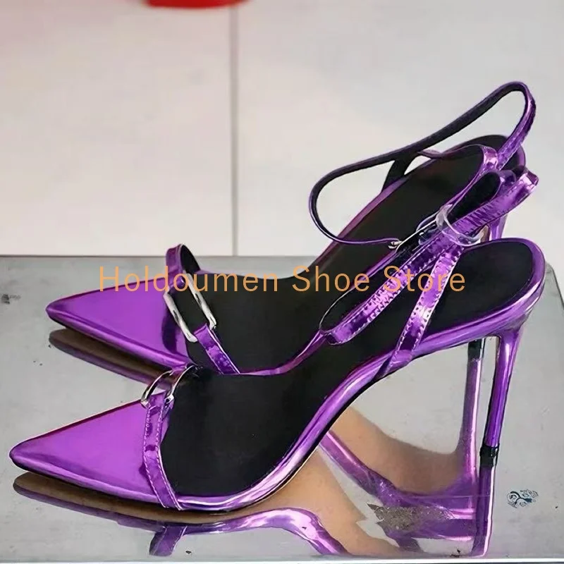 

Metal Decor Sandals Cross Strap Buckle Strap Purple Pointed Toe Stiletto Sandals Fashion Novelty Sexy Elegant Women Party Shoes