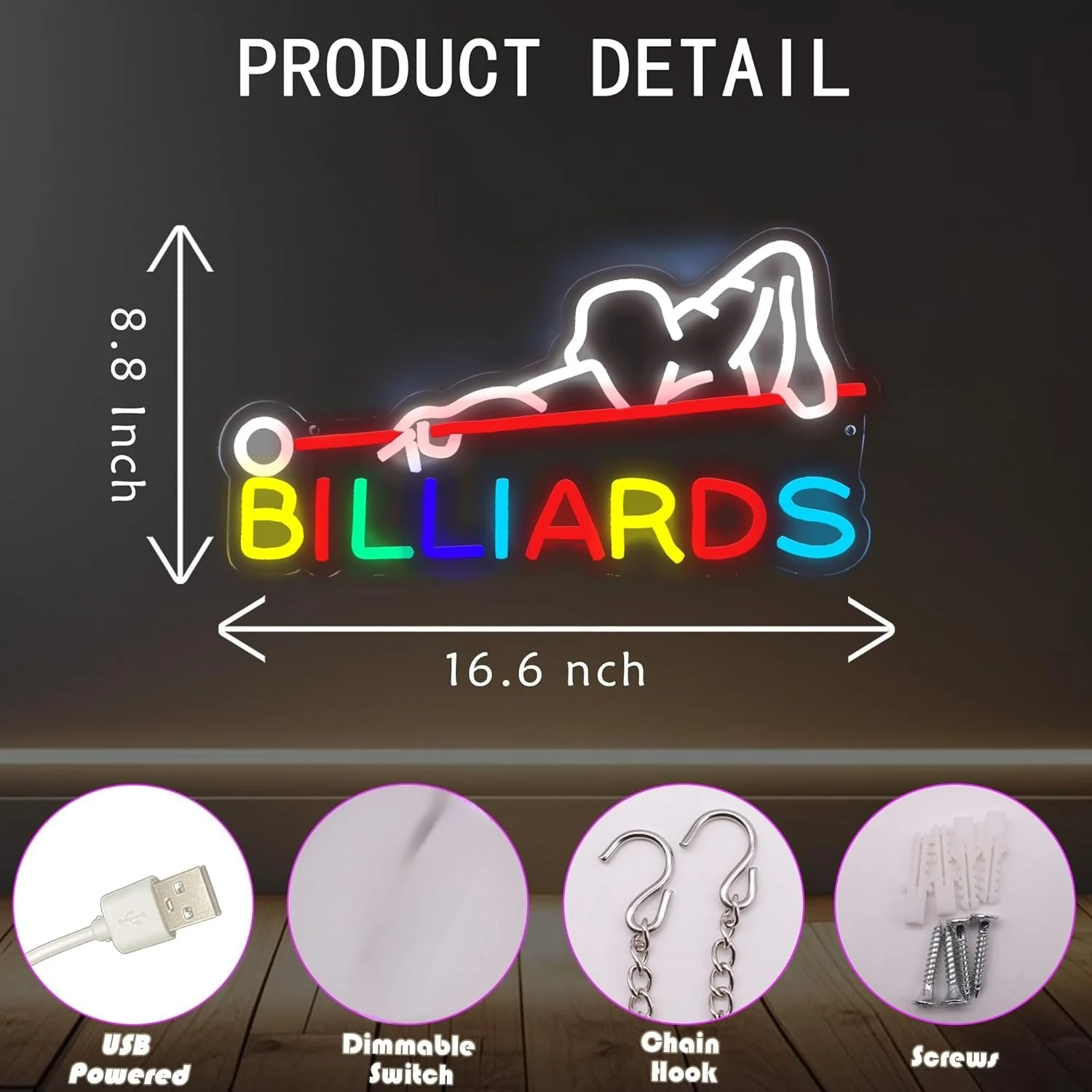 Billiards Neon Sign USB Dimmable LED Neon Light Sign for Drink Bar Man Cave Bedroom Billiard Room Game Room Party Wall Decor