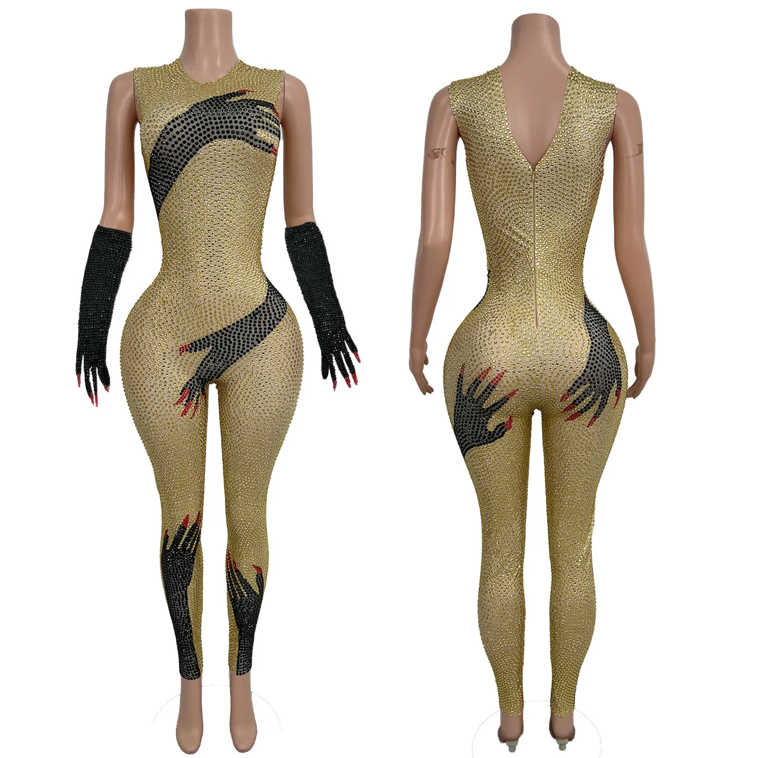 High-quality Sparkly Rhinestone Tight Fitting Jumpsuit Gloves Festival Party Sexy Singer Stage Performance Dance Wear Heishou
