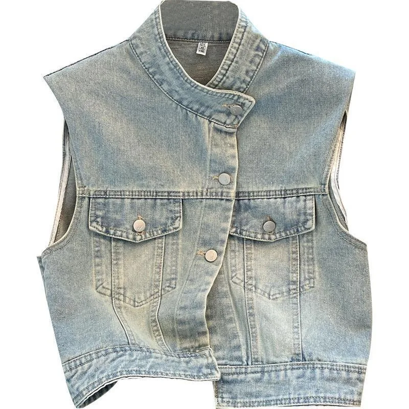 Chic Retro Jeans Waistcoat Women Summer Washed Sleeveless Denim Jacket Fashion Casual Denim Vest Single-breasted Cardigan Tops