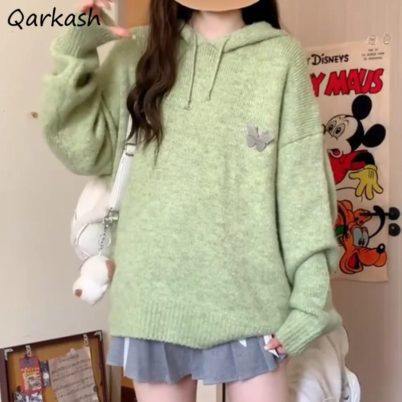 

Hooded Pullovers Women Casual Baggy Soft Warm Butterfly-sequined Knitted Sweaters College Girls Sweet Gentle Autumn Winter Chic