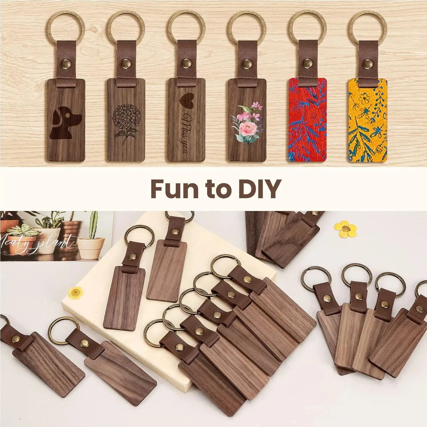 10 PCS Unfinished Blank Walnut Wood Keychain for DIY Crafting, Personalised Logo