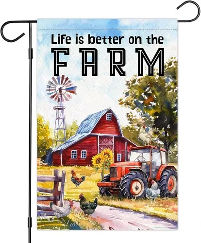 Life Is Better On The Farm - Funny Farm Garden Flag - Red Tractor, 12x18 XXQ