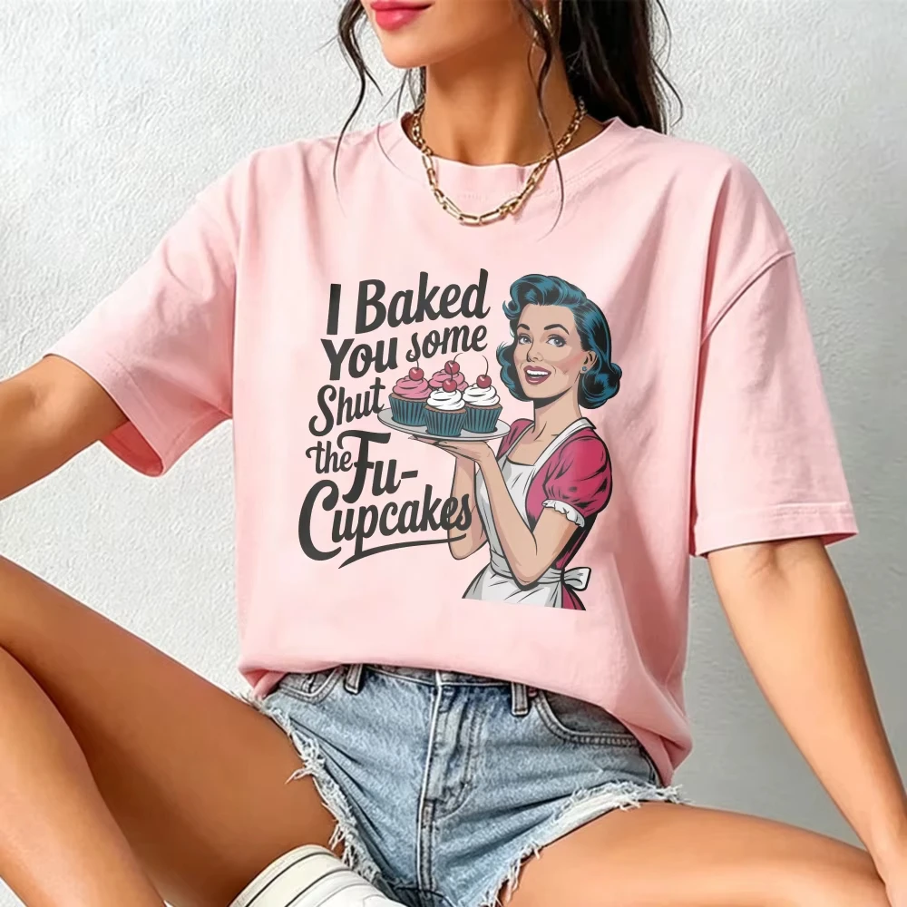 Shut The Fucupcakes Baking Tshirt Funny Sassy Humor Preppy Women Short-sleeve Tees Retro Housewife Tops Fun Baking Humor Gift