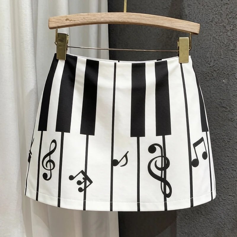 Short Skirt Literary Personality Piano Key Notes Printed Black White Contrast Low Waist A-word Version Literary Joker Overskirt