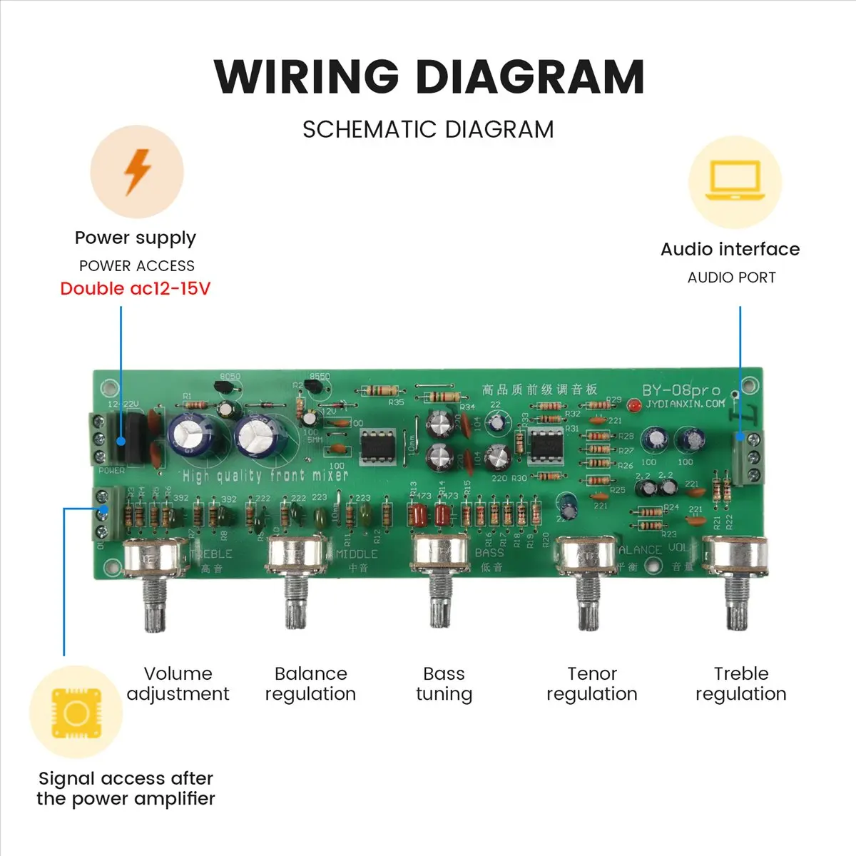 Friendly!2.0 HIFI AN4558 Audio Preamplifier Midrange Treble Balance Adjustable Audio Preamp Finished Board with Tone Control