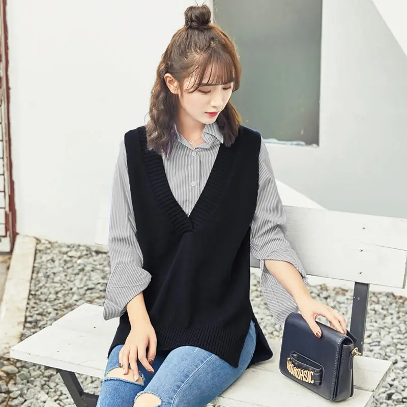 Sweaters Vests Women Popular S-3XL Solid Simple Preppy Style All-match Knitting Tops Split Trendy Leisure Lazy Chic Female New