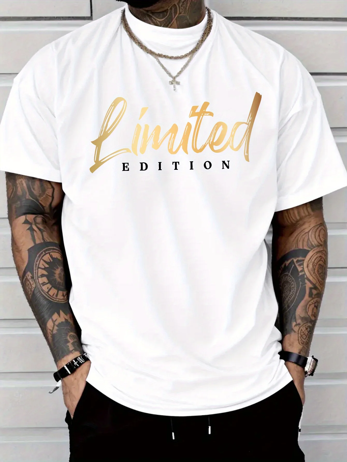 Limited Edition Gold Foil Text Graphic Tee for Men Breathable 100% Cotton Perfect for Summer Streetwear Trendy Premium Style