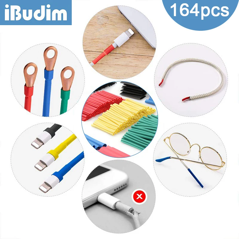 iBudim 164pcs Heat-shrink Tubing Thermoresistant Tube Heat Shrink Wire Cable Insulated Sleeving for Mobile Phone Charger Cable