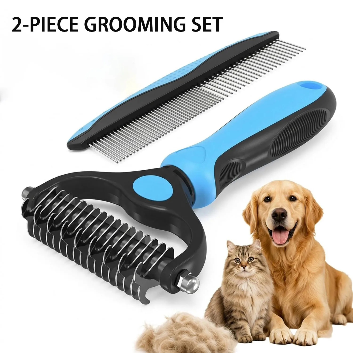 Pet Grooming Combo Blue Deshedding Brush with Metal Comb for Detangling And Dematting Long Matted Hair on Cats And Dogs