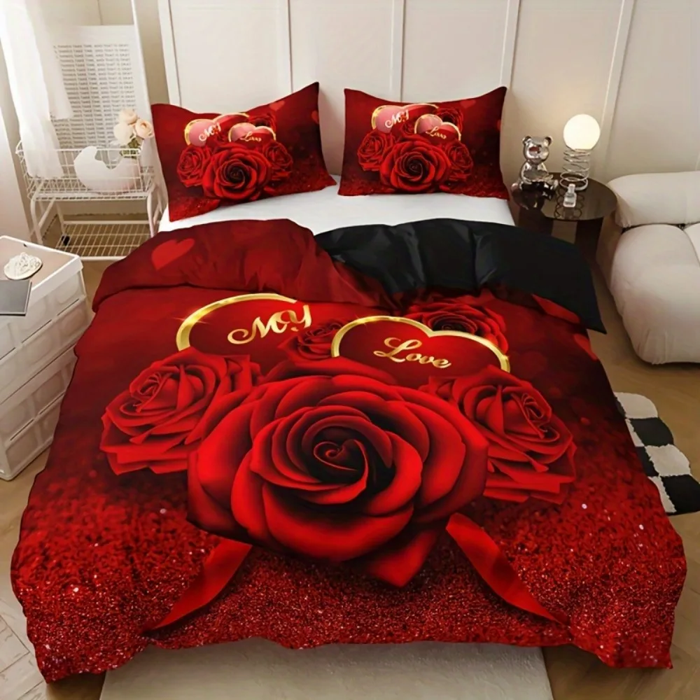 

Red Bedding Set Romantic Rose Printed Cozy Duvet Cover King Queen Twin Size Birthday Gift Wedding Gift for Couple Bedroom Decor