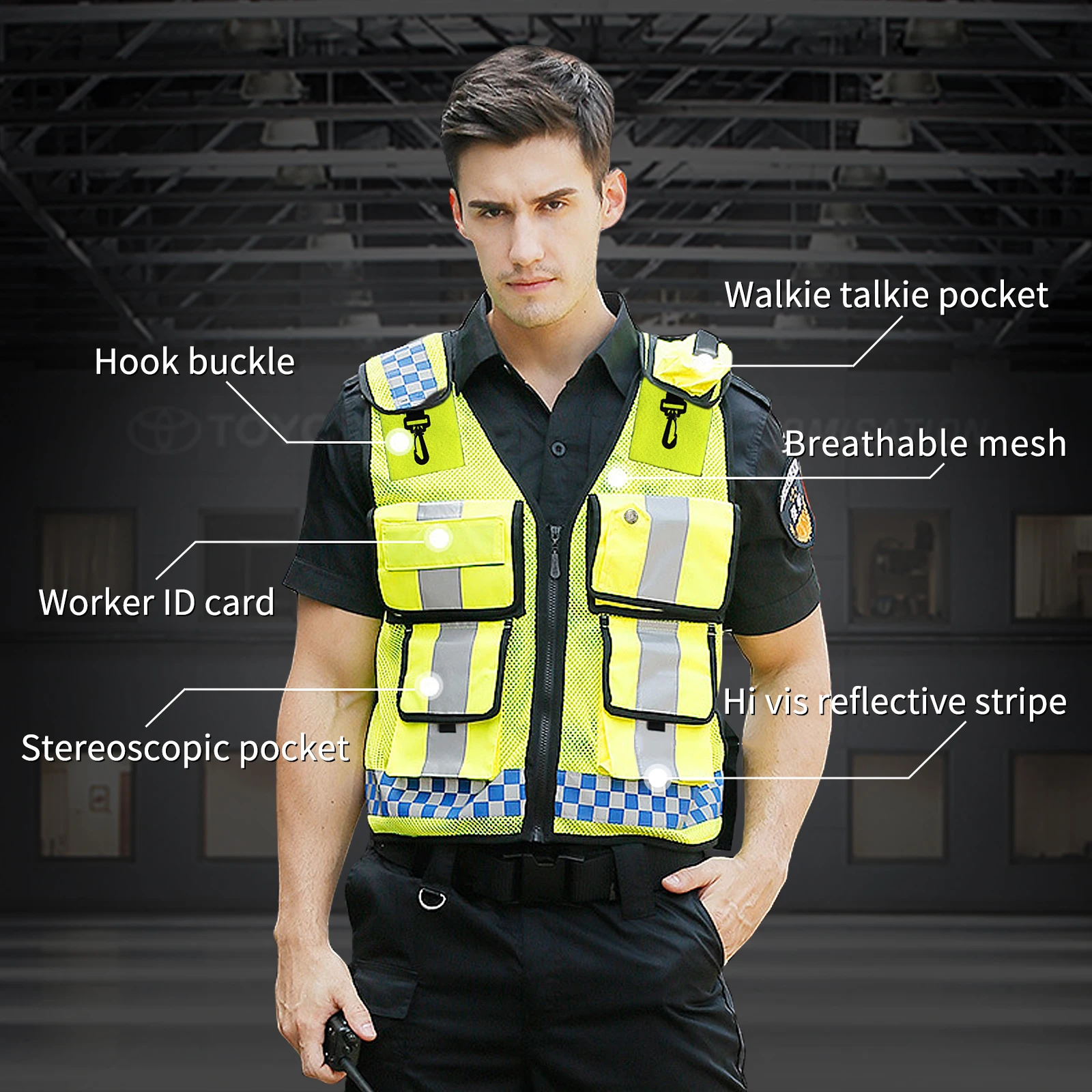 Police Reflective Vest High Visibility Reflective bonded multiple pockets Vest Mens Construction Worker Night Runner Safety Vest