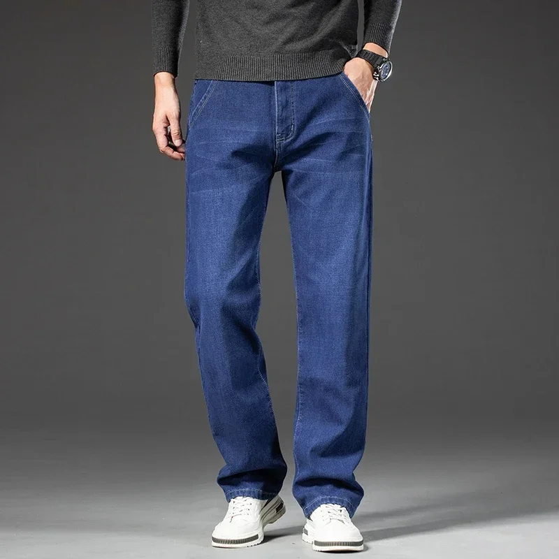 2024 Autumn Winter Elastic Fleece Thick Warm Loose Jeans Men's Plus-size Straight Pants