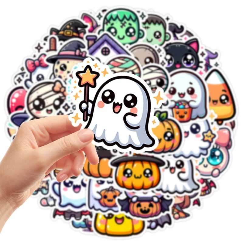 50PCS Halloween Stickers Cute Cartoon Cat Pumpkin Halloween Themed Stickers Fun Holiday Decals Pack Vinyl Waterproof Scrapbook