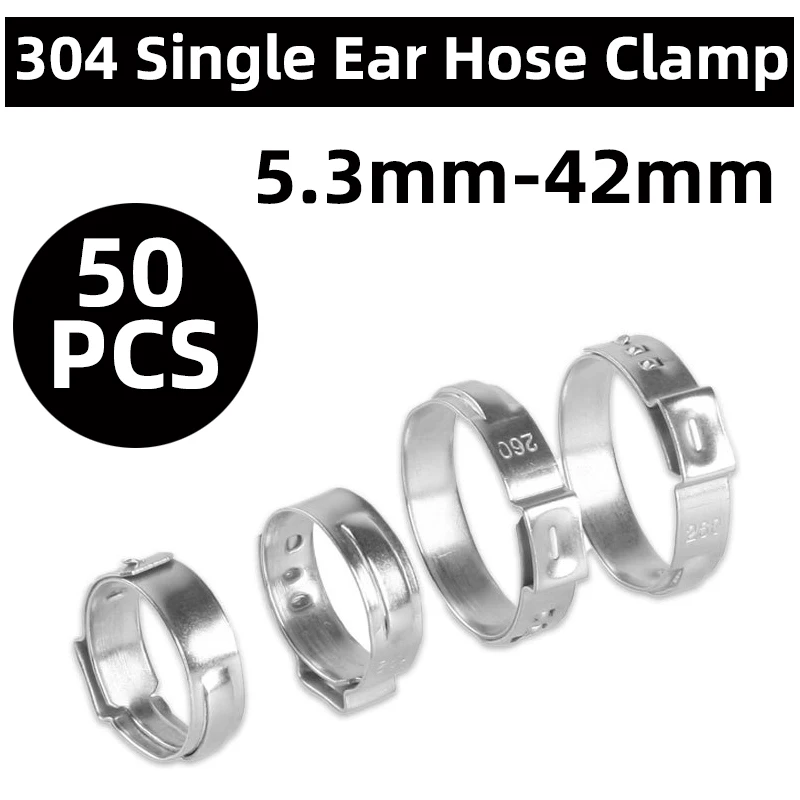 

50PCS Hose Clamps Single Ear Stepless 5.3-42mm 304 Stainless Steel Ear Pipe Clamps Assortment Kit Multiple Specifications