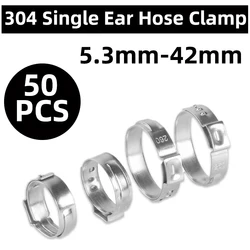 50PCS Hose Clamps Single Ear Stepless 5.3-42mm 304 Stainless Steel Ear Pipe Clamps Assortment Kit Multiple Specifications