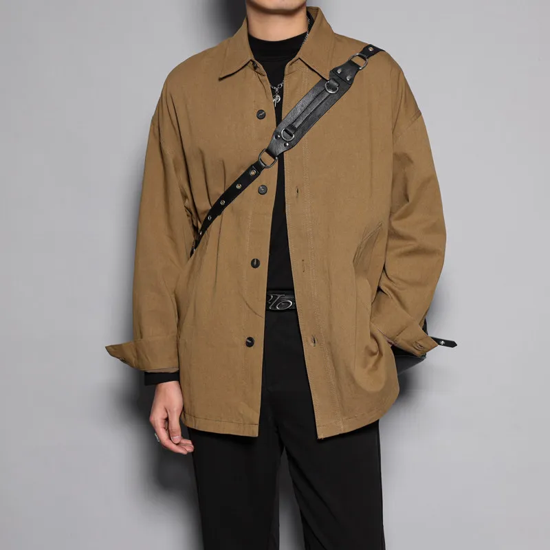 High Quality Shirt Style Coat Jacket Men's Mid-Length Loose Casual Japanese Retro Simple Ruan Handsome Coffee Color Shirt