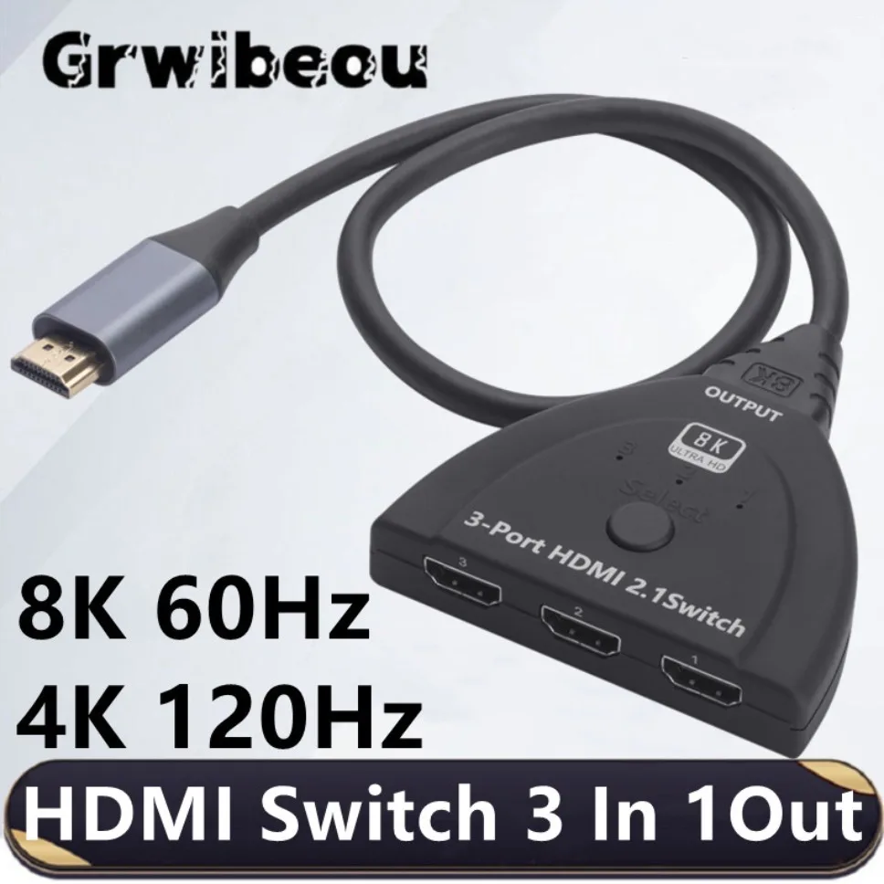 

HDMI переключатель 3 в 1, 8 к, 60 Гц, переключатель HDMI 3-портовый, KVM-переключатели с поддержкой 4K, 120 Гц, 3D для HDTV-плеера, PS4, игровой консоли