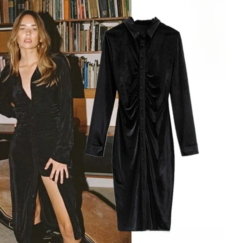 Vestido Midi de Manga Longa com Camada Base, Estilo , Cintura Média, Botão Único, Vestido H-ape