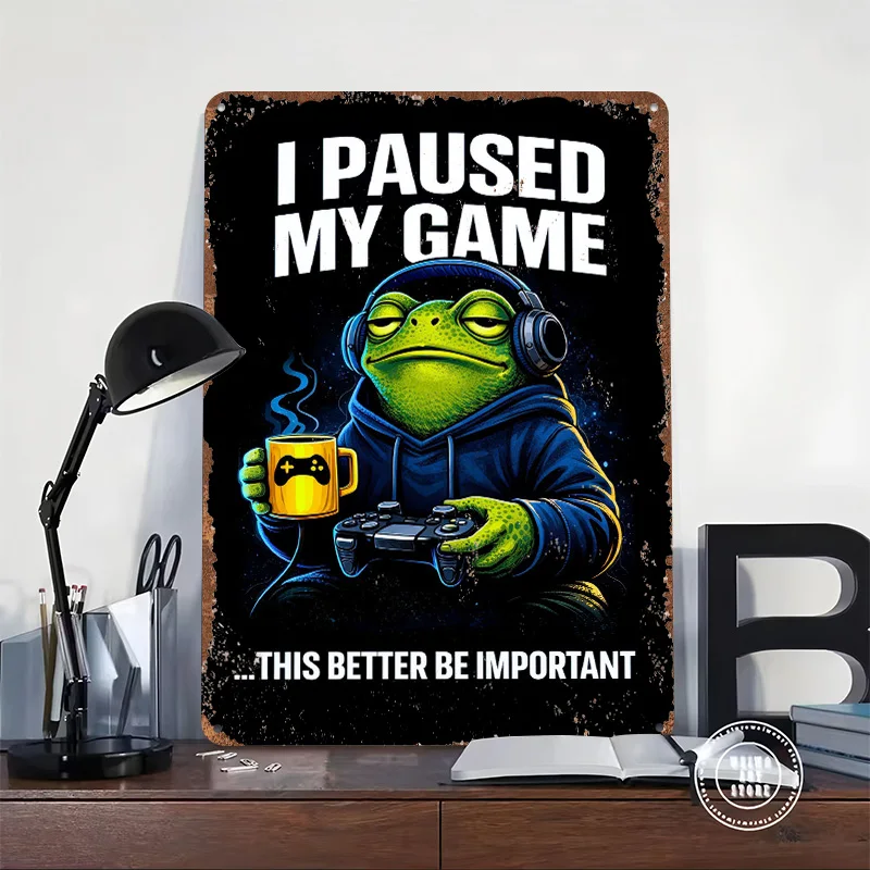 Frog Gamer Pauses Game for Coffee Tinplate Poster Customized Wall Art Retro Vintage Metal Signs for Fans Garage Decorations Home