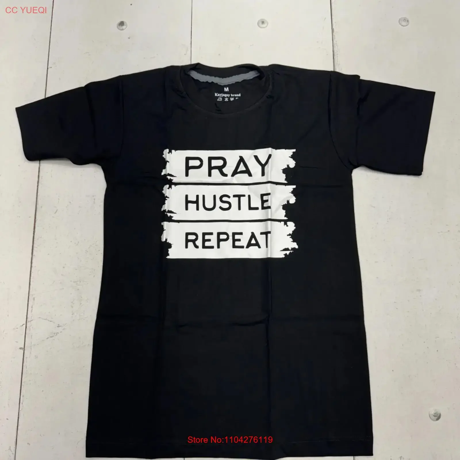 Kayjagzy Black Pray Hustle Repeat Print  T Shirt Mens Size Medium vintage Washed graphic Breathable homme Unisex