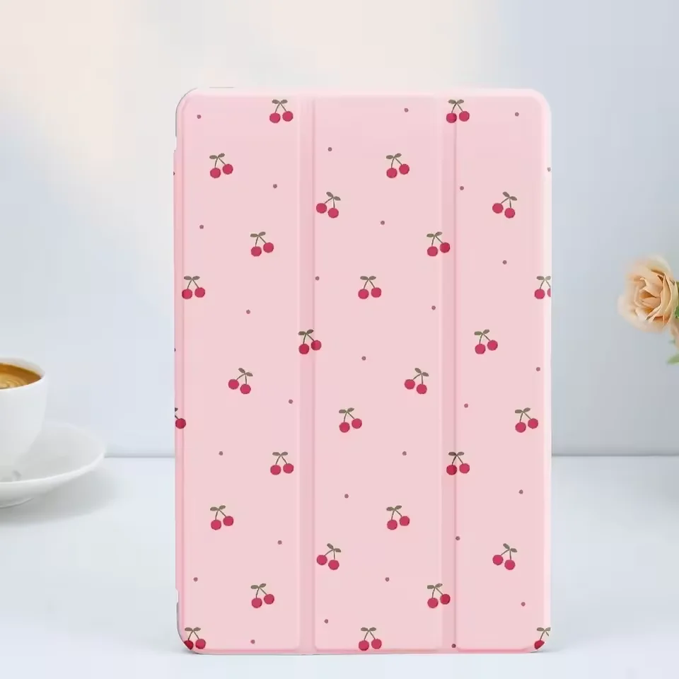 Cute Pink Cherry For iPad Case iPad Air 4 5 6 Pro 11 12.9in 13 M4 10.9 10.2 Mini 7 6 10th Three Folded Edge Case with Pen Holder