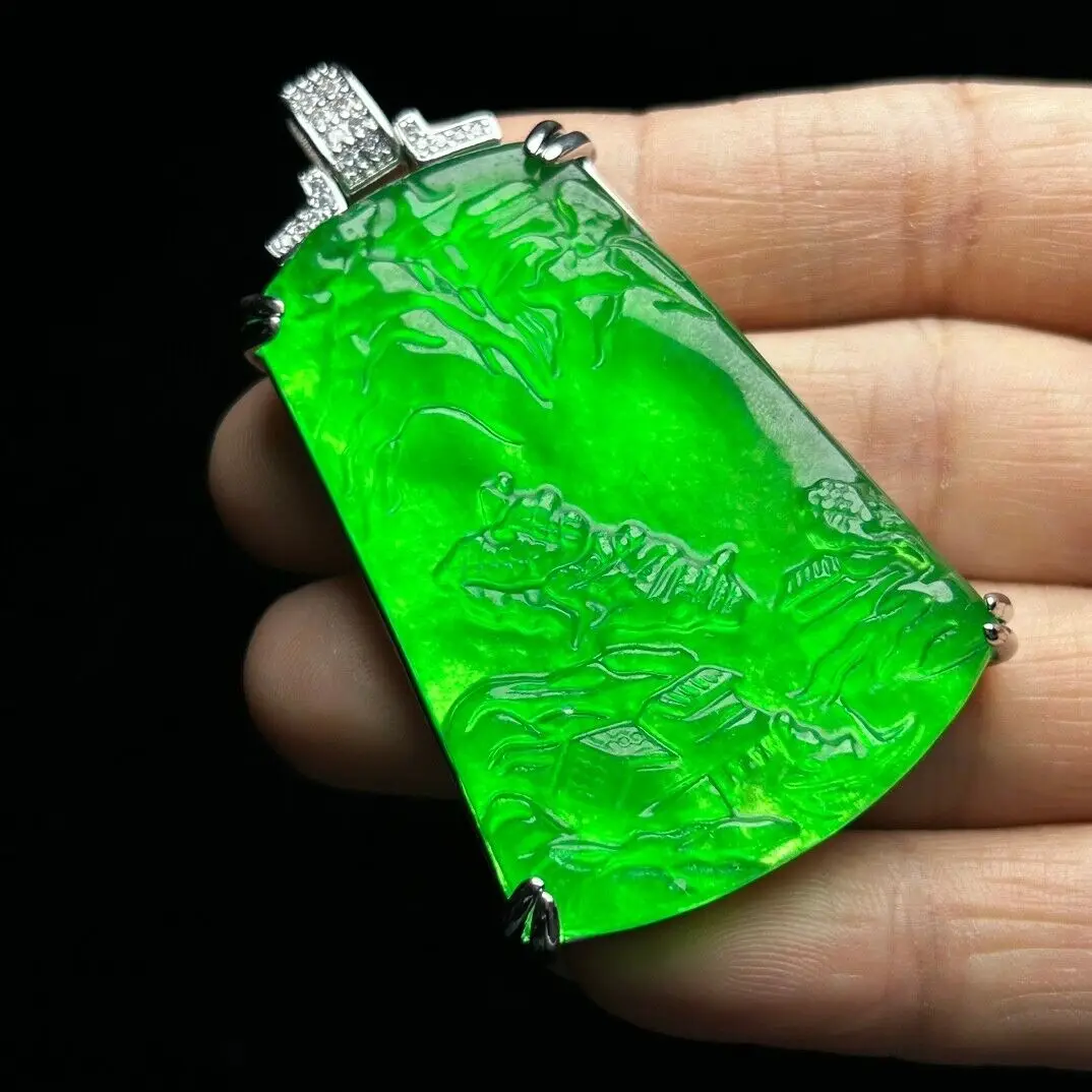 Certified Natural Perfect High Ice Green Jade Jadeite Landscape Pendant&Necklace