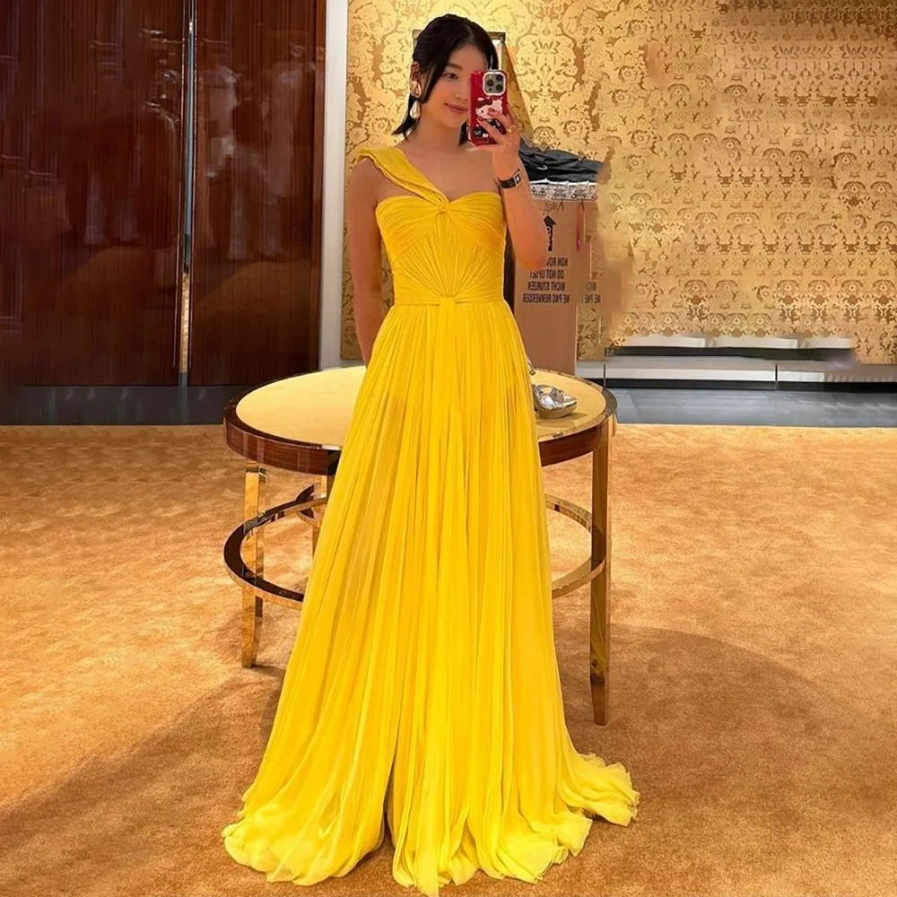 

One Shoulder Bright Yellow Sleeveless Prom Gowns For Women Floor Length A Line Evening Dress Vestidos De Fiesta Elegantes