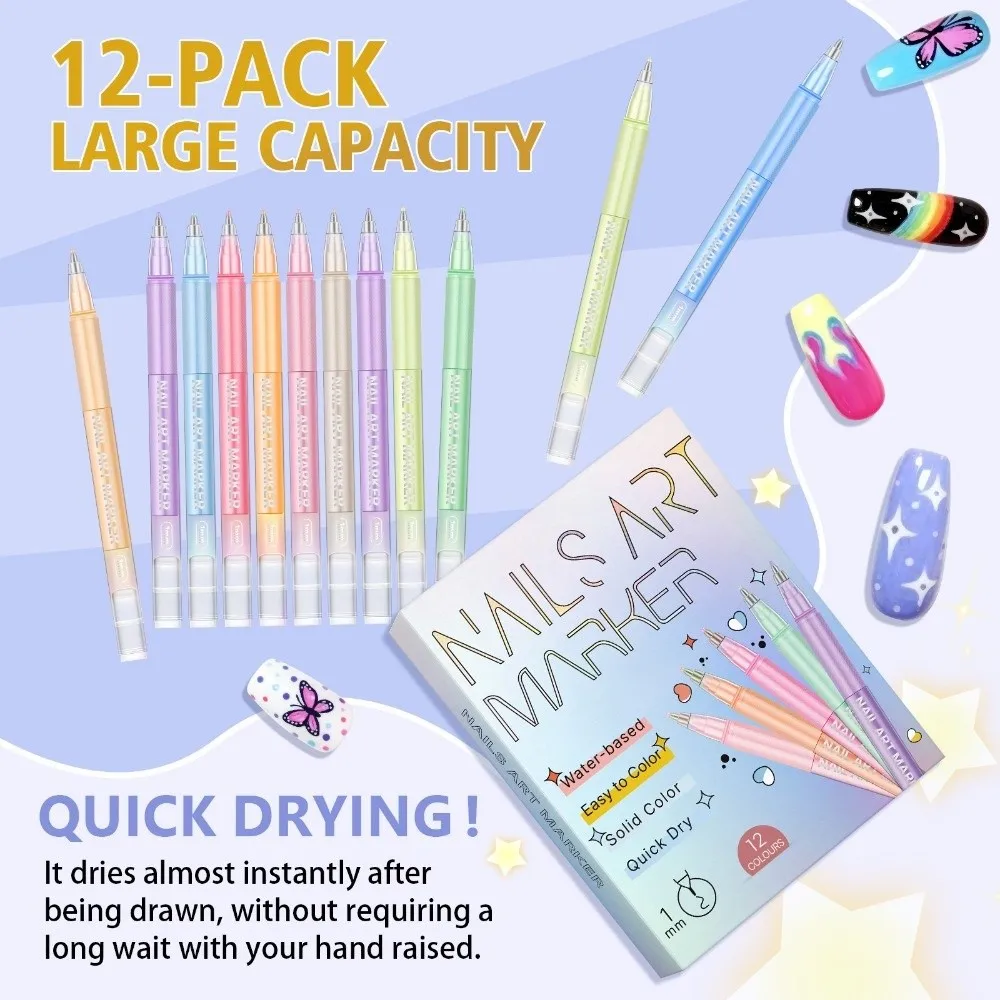 10/12 Colors 10/12 Colors Nails Art Marker Pens Waterproof Art Nail Decoration Nail Brush Marker Sets Quick Dry Drawing Painting