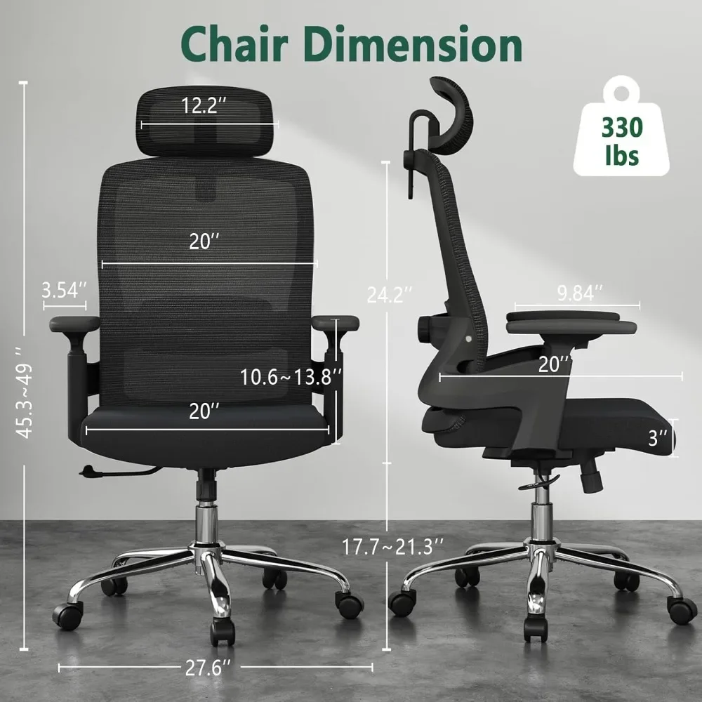 Ergonomic Mesh Office Chair, Comfy Desk Chair with 3D Armrests, Headrest, High Back Desk Chair with Adjustable Lumbar Support