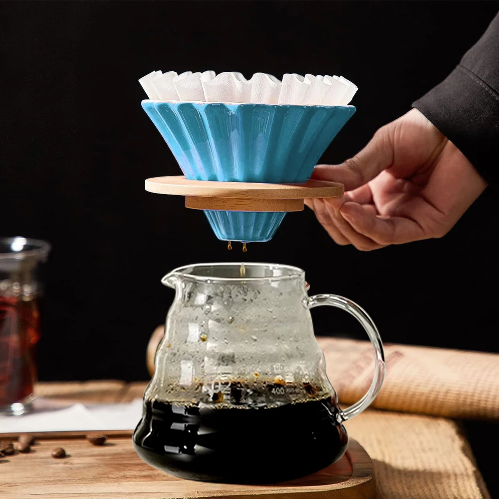Copo Filtro de Café Cerâmico Reutilizável com Suporte de Madeira, Funil e Acessórios para Cafeteira