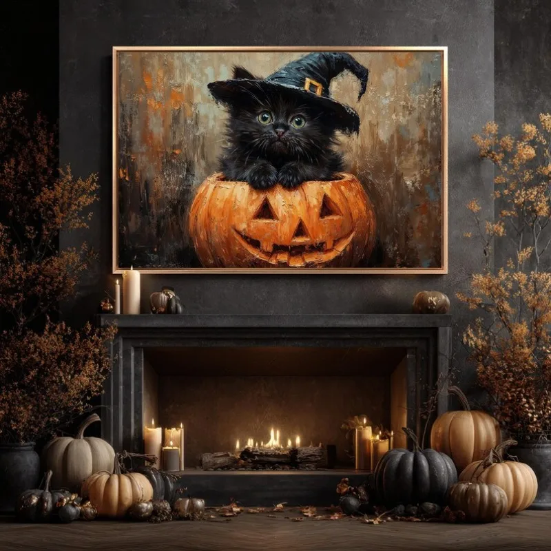 Spooky Halloween Cute Black Cat in Witch Hat Rustic Autumn Pumpkins Truck Poster Canvas Painting Wall Art Pictures Home Decor