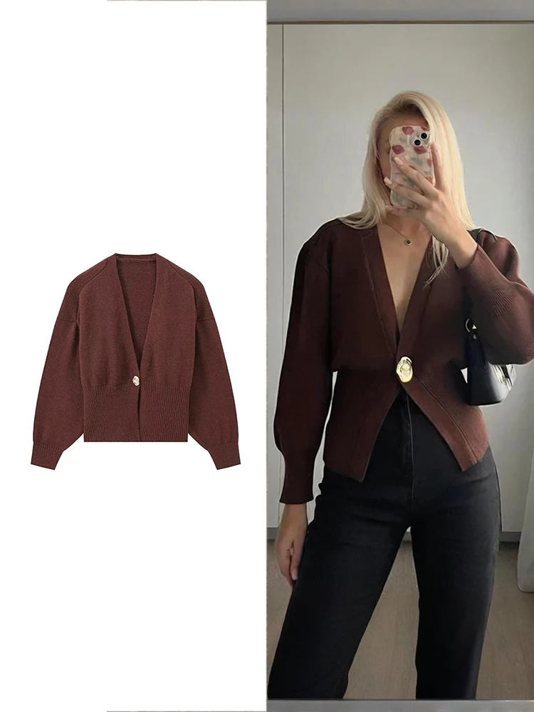 

TRAF женская мода металлическая кнопка вязаный кардиган шикарный фонарь тела с длинными рукавами теплый джемпер осень случайные глубокий V-образный вырез с длинными рукавами