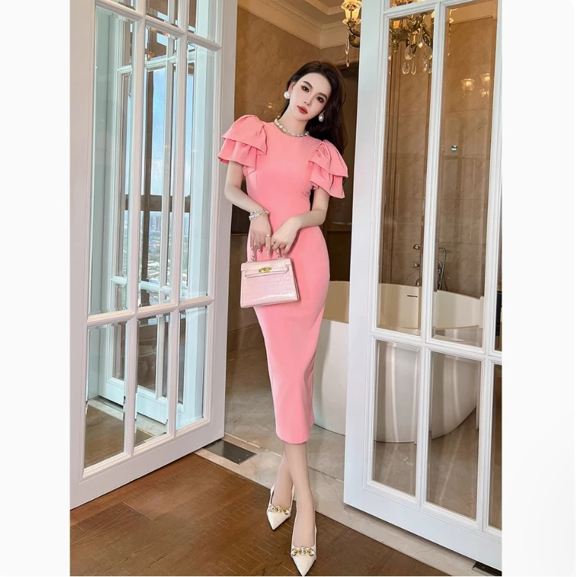 NOVEDAD DE VERANO 2025, estilo francés para mujer, cuello redondo, mangas de pétalo, corte ajustado, envoltura de cadera, conexión reductora de edad rosa