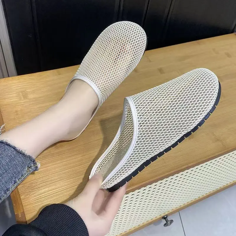 

Women's Summer Baotou Mesh Flat Sole Slippers Soft sole Non Slip Breathable Outdoor Half Slippers Lazy Slippers Sandals