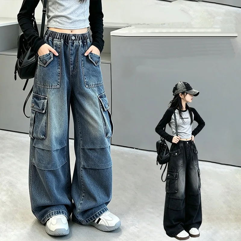 Kids Cargo Jeans With Pockets for Teenage Girls Vintage Casual Wide Leg Denim Pants Child Spring Autumn Retro Jeans Trousers
