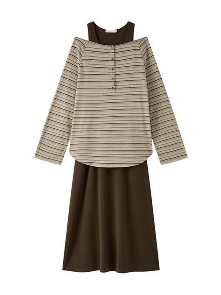 Herfst 2025, nieuwe stijl gestreepte T-shirtjurk met lange mouwen, tweedelige set losse, casual lange jurk voor dames