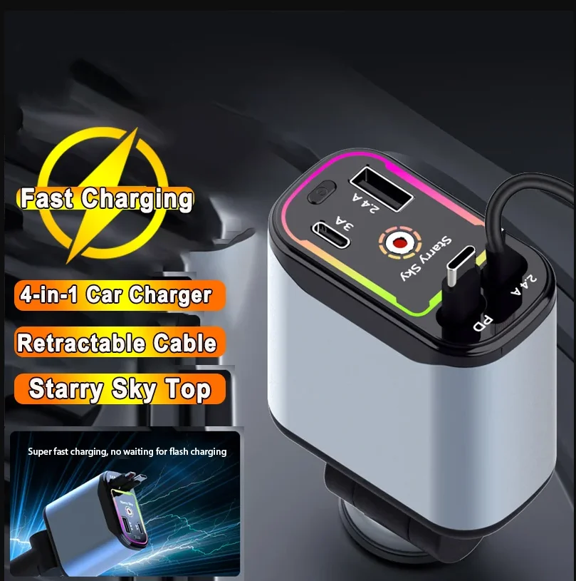 

Автомобильное зарядное устройство Starry Sky 4 в 1, многофункциональное USB-зарядное устройство с двумя выдвижными кабелями, 3-в-1, с эффектом звездного неба, для телефонов