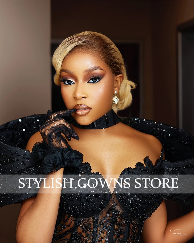 Aso Ebi สีดําชุดราตรีประดับด้วยเลื่อมรับจัดงานแต่งงานชุด Ruffles ชุดวันเกิดที่ถอดออกได้ Vestidos De Noche ที่กําหนดเอง