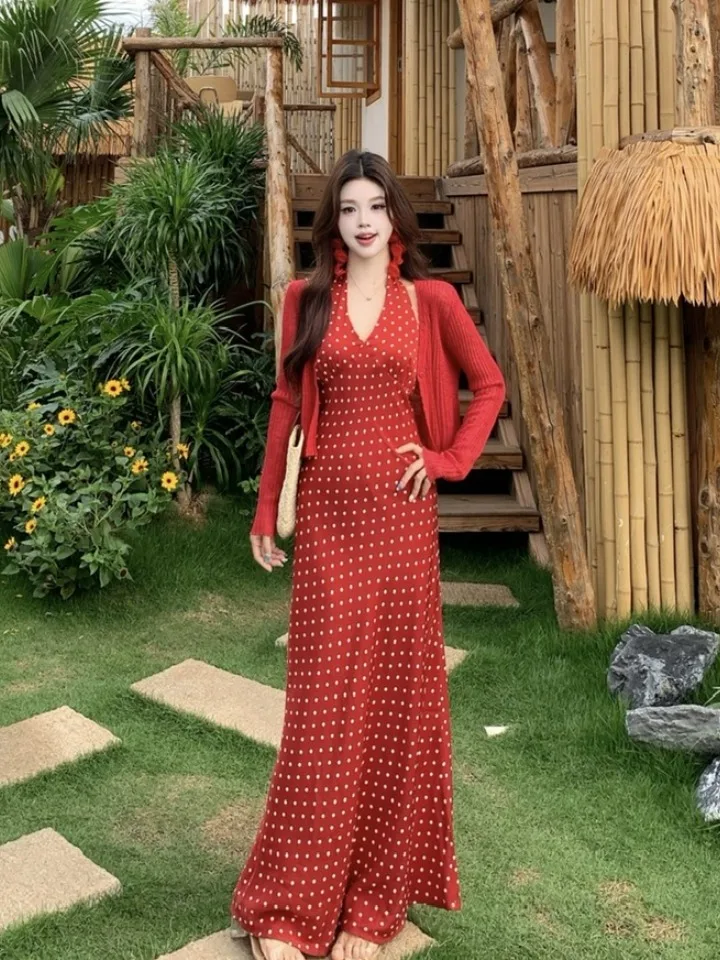 

plus Size Women's Vintage Red Polka Dot Neck Hanging Vest Dress Summer New Waist Cinching A-Line Long Skirt Korean Style Long...